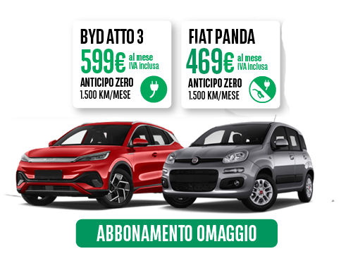 offerta di noleggio auto a medio termine per privati BYD Atto 3 e Fiat Panda